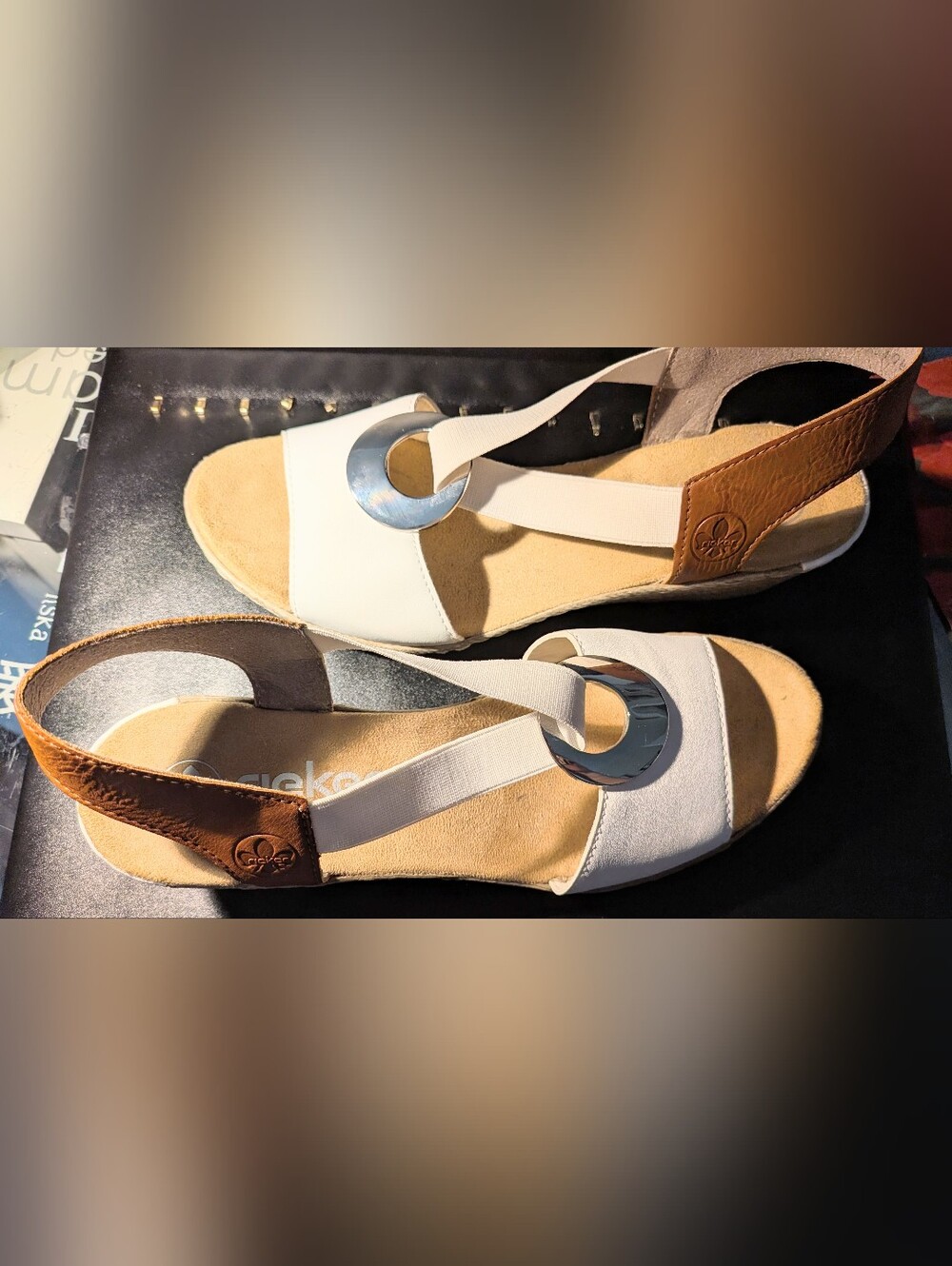 Rieker White Sandals with Silver Hoop Accent